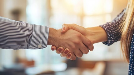 Poster - Close-up of a business handshake between a man and a woman, sealing a deal in a bright, professional office.