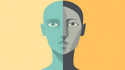 Wall Mural - Modern Flat Illustration of Skeptical Two-Toned Face in Teal and Gray on Pale Yellow Background with Clean Lines and Geometric Shapes
