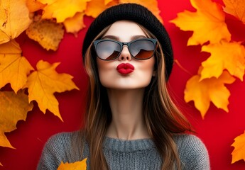 Portrait of a woman with yellow maple leaves on a red background in fashion autumn style