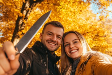 Young couple taking a selfie at a park in autumn with their smartphones.