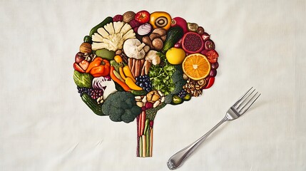 Nutrient-Rich Mind: Creative Concept of Human Brain Made from Fresh Fruits, Vegetables, and Grains with Fork, Symbolizing Mental Health and Nutrition