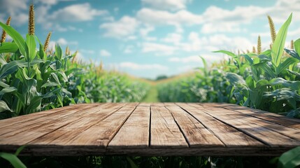 A cornfield with a wooden table in front, perfect for placing text or branding. 3D illustration of open space for your messages.