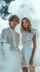 Wall Mural - A man and a woman are posing for a photo in front of a cloud of smoke