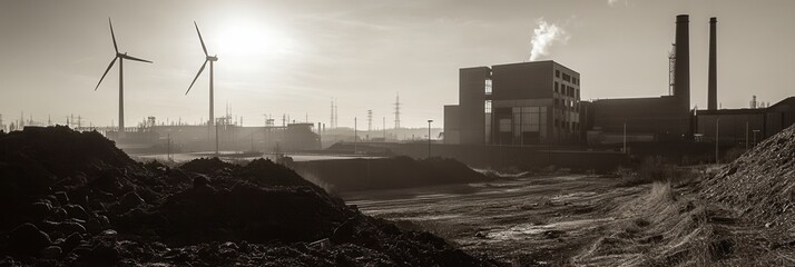 Aufkleber - Derelict factories and closed coal mines are juxtaposed with wind turbines, highlighting the region's transition to green energy. Generative AI