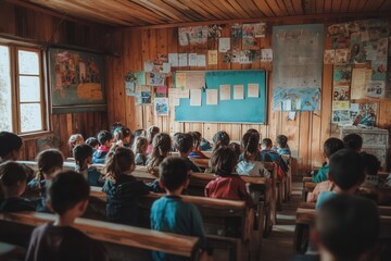 Aufkleber - Students sit in a cramped classroom surrounded by old books and limited school supplies, all eager to learn despite challenges. Generative AI