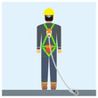 © wijas - Attached the safety harness hook at the same level with work platform vector illustration. Construction and industrial personal protective equipment for working at height. Fall factor two.
