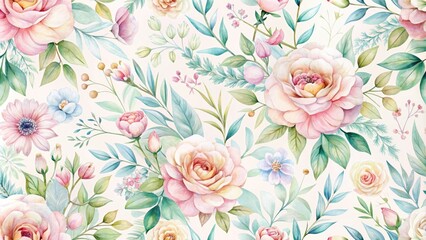  Delicate watercolor-style floral patterns in soft pastel hues on a seamless repeat background, ideal for textiles, wallpapers, and digital designs requiring a gentle, whimsical touch.