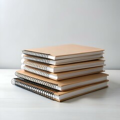 Sticker - A stack of five spiral bound notebooks with brown covers and white pages. arranged neatly on a light wood surface against a plain background.