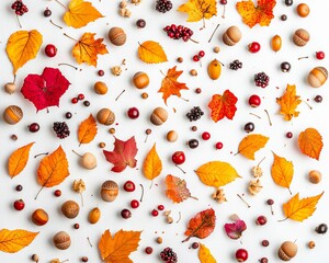 Wall Mural - An autumn composition of dried leaves, flowers, and berries against a white background. Autumn, fall, Thanksgiving day. Flat lay, top view.