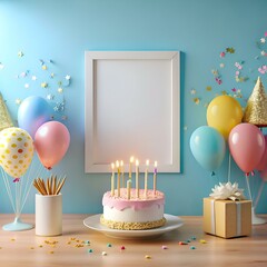 Celebrate a special birthday with this festive image featuring a delicious cake. balloons. confetti. and a blank frame for your message.