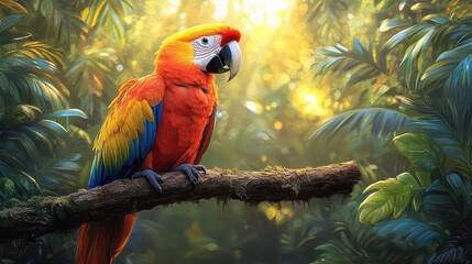 Wall Mural - hyperrealistic portrait of majestic scarlet macaw perched on tropical branch vibrant plumage contrasting with lush jungle foliage