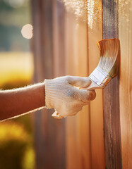 Wall Mural - Close-up hand .Wood deck renovation treatment, the person applying protective wood stain with a brush, overhead view of ipe hardwood decking restoration process
