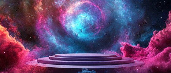 3D podium in a cosmic nebula with swirling colorful gases