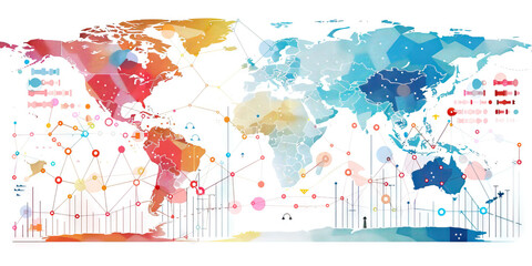 Wall Mural - A map of the world with key economic indicators marked by color-coded dots, demonstrating the global reach of a multinational corporation.