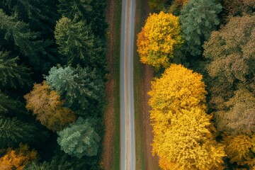 Yellow and green trees in the autumn forest. Aerial view of the road