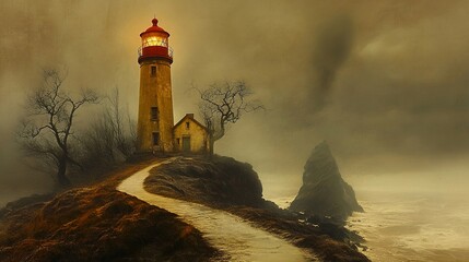 lighthouse made of steel or iron perched on a grim rock, fine art photography