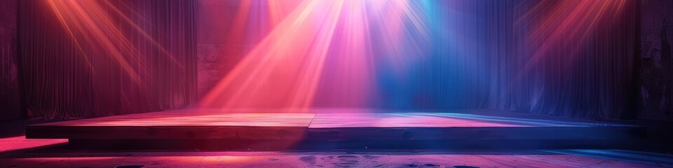 Wall Mural - Dramatic abstract background with glowing neon laser beams bright colorful rays of light in a dark performance studio or theater stage setting