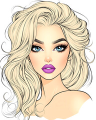 Canvas Print - A blonde woman with blue eyes and purple lipstick. She has long hair and a pretty smile. The image is of a cartoon character, and the mood is cheerful and lighthearted