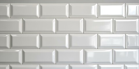 Wall Mural - White glossy tiles in a brick pattern.