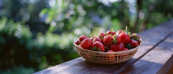 Wall Mural - A wicker basket brims with freshly picked strawberries, glowing with vibrant red hues under natural sunlight, set against a lush green garden backdrop.