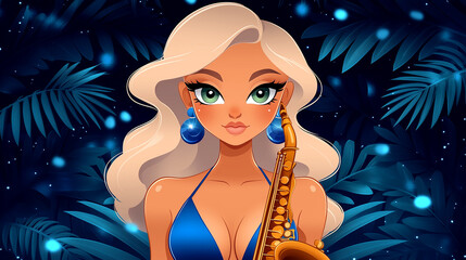 A cartoonish woman with long blonde hair and blue bikini top holding a saxophone. The image has a tropical vibe with palm trees and a blue sky