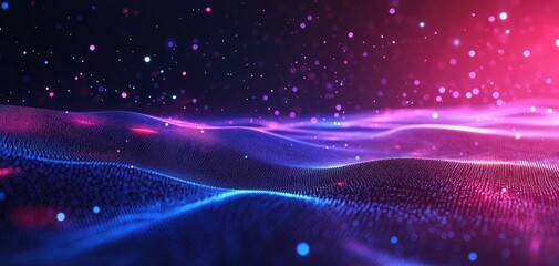 Poster - A vibrant digital landscape featuring flowing waves of light in blue and pink tones, creating a mesmerizing visual experience.