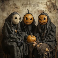 Wall Mural - Three spooky figures with pumpkin heads sitting in a haunting setting