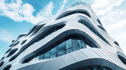 A modern building with a zigzag facade, creating a striking and futuristic appearance.