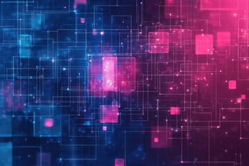 Poster - Vibrant abstract background featuring colorful squares and digital patterns in pink and blue hues, perfect for tech-themed projects.