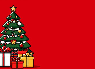 a red background with a christmas tree in the foreground. the tree is decorated with many ornaments 