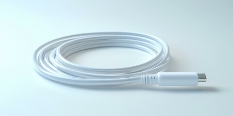 White USB cable coiled on white surface.