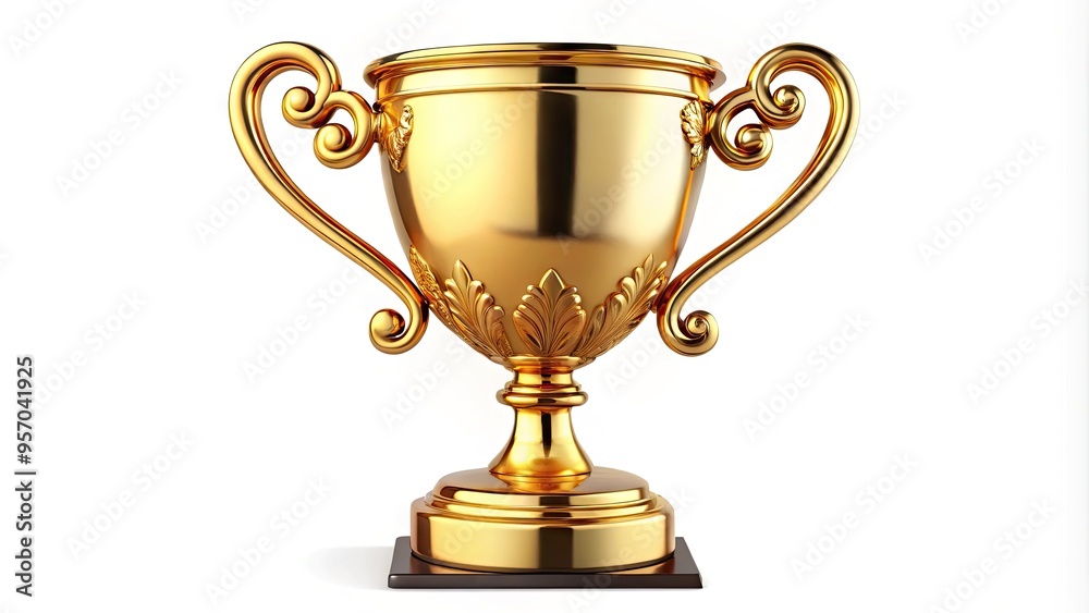 Golden trophy cup with elegant handles and ornate design elements ...