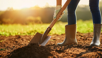 Wall Mural - Unrecognizable hands of a person who harvests vegetables in a garden without agrochemicals. Sustainable living and circular economy concept, shot of shovel in the ground, copy space
