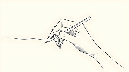 A minimalist line art illustration showcasing a lady's hand holding a pencil, poised to draw a fluid line on paper.