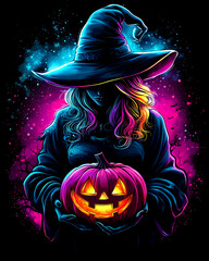 Wall Mural - A woman in a witch costume holding a pumpkin. The pumpkin is lit up and has a smiley face on it