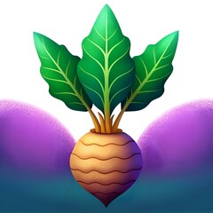 Cute and colorful illustration of a single beet with green leaves and a purple background.