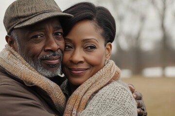 Wall Mural - Photograph of a senior African American couple posing outdoors in autumn