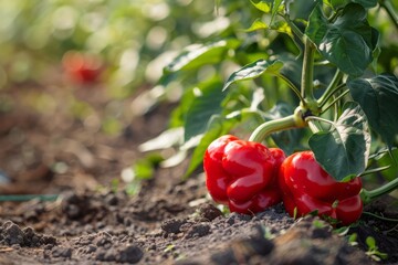 Wall Mural - Red juicy bell pepper on farm field on a sunny day. Concept of growing vegetables, agribusiness development.
