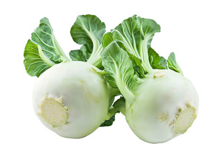 Two fresh kohlrabi bulbs with vibrant green leaves isolated on PNG cutout transparent background.