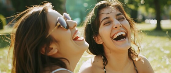 Two friends share a hearty laugh, captured in a candid moment under the bright sunlight, radiating pure joy and friendship.