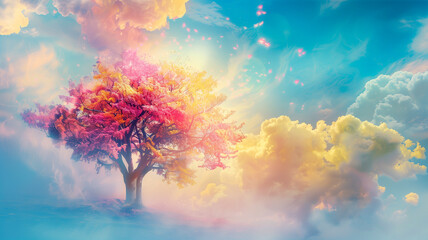 Fantasy painting with colorful tree in the clouds