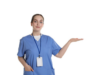 Sticker - Professional nurse with badge pointing at something on white background