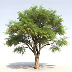 A majestic. isolated tree with lush green foliage and a thick trunk stands proudly against a white background.