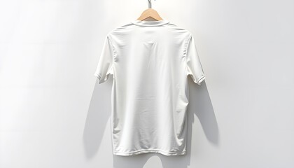 Front back of white plain crew neck t shirt hanging on wall isolated with white highlights, png