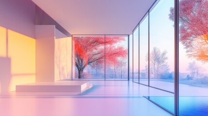 Poster - Abstract minimalist house interior featuring smooth architectural design and large windows enhanced by a color gradient 3D rendering