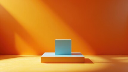 Poster - Blue 3D rendering of a blank stage podium pedestal mock up and showcase featuring a modern square cube box design against an abstract orange background Creative summer inspired minimal studio setti