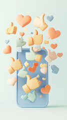 Poster - Colorful thumbs up icons and hearts are bursting from mobile phone, symbolizing positivity and engagement.