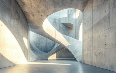 Poster - Abstract interior space with concrete elements 3D rendering and illustration of architectural design