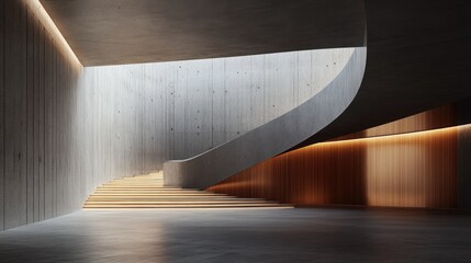 Poster - Empty dark abstract interior featuring smooth concrete and wood elements 3D rendering and illustration of architectural design