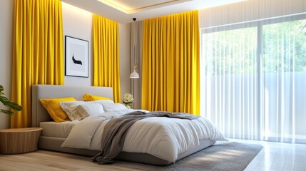 Sticker - Modern bedroom interior design with yellow curtains in 3D rendering